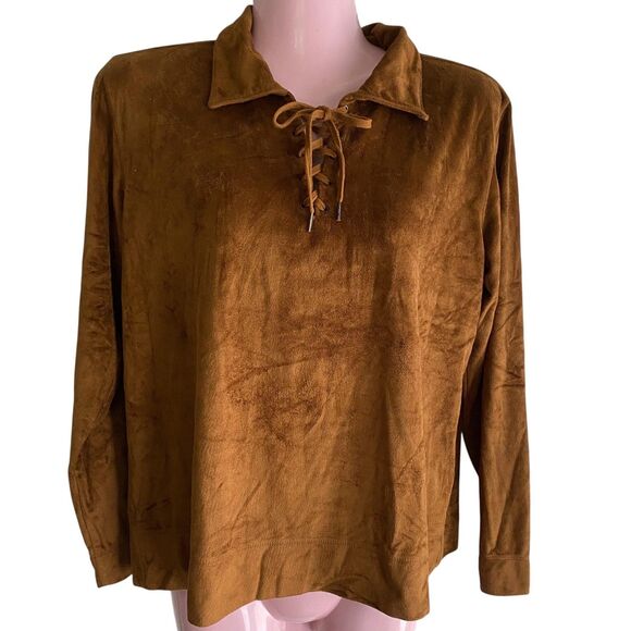 Liz Claiborne Tops - Liz Claiborne Pullover Womens Medium Brown Faux Suede Lace Up Top Long Sleeve